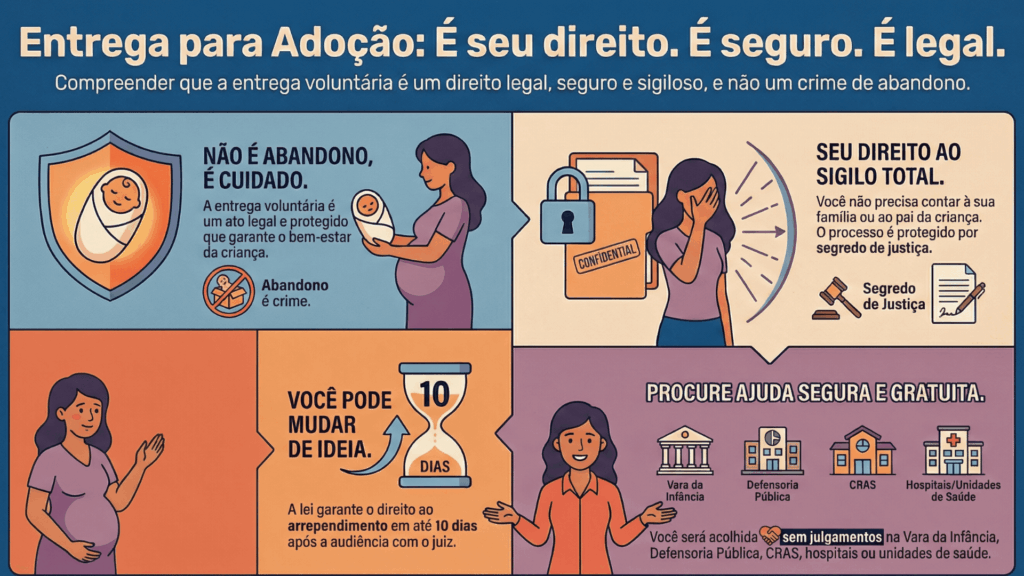 Ilustração suave representando o acolhimento à gestante no processo de entrega voluntária para adoção.